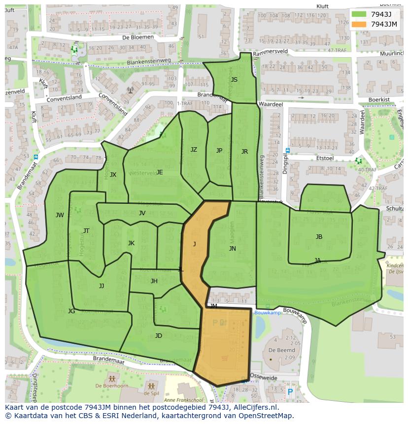 Afbeelding van het postcodegebied 7943 JM op de kaart.