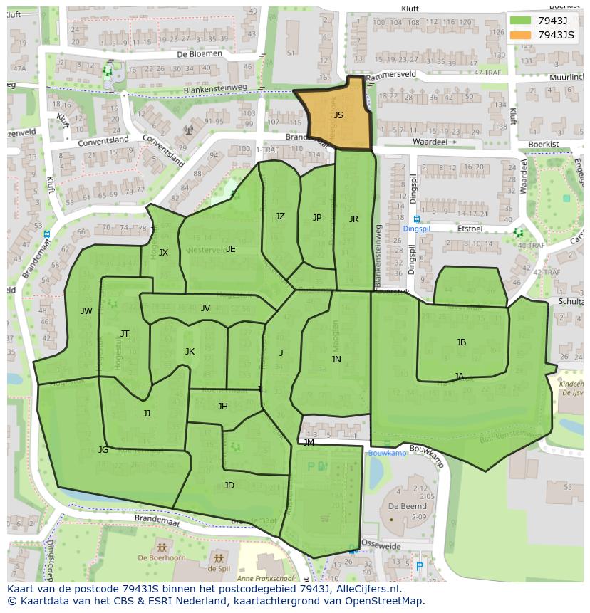 Afbeelding van het postcodegebied 7943 JS op de kaart.