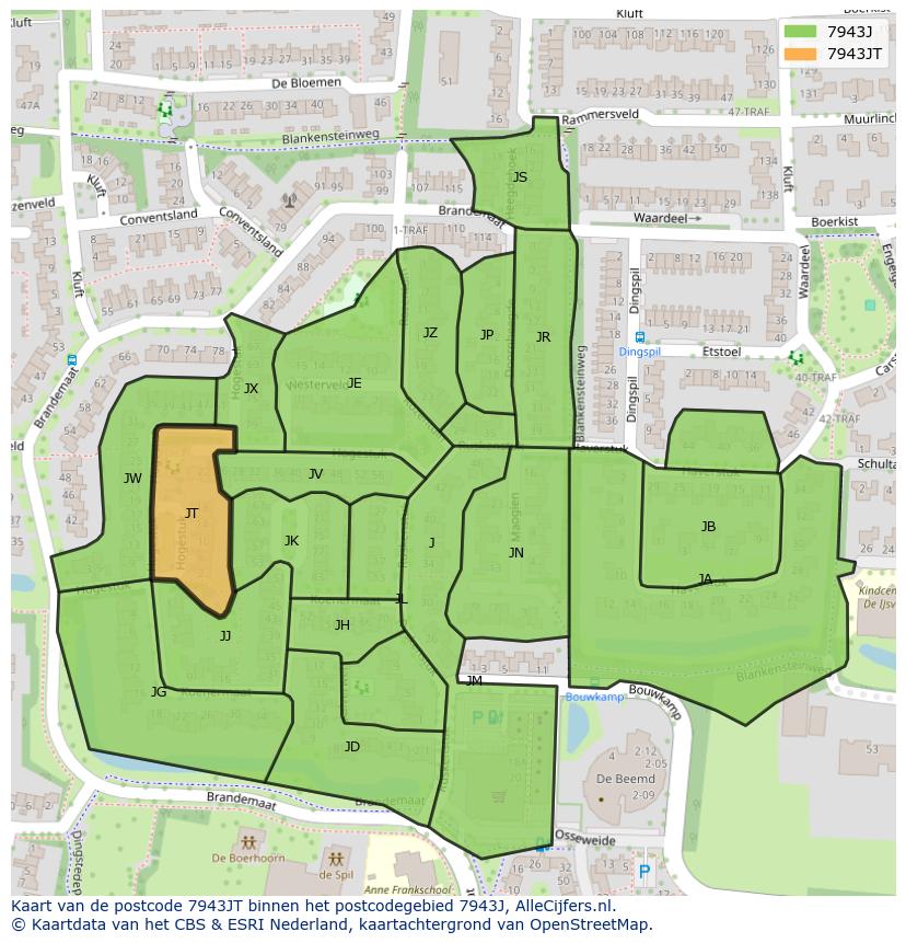 Afbeelding van het postcodegebied 7943 JT op de kaart.