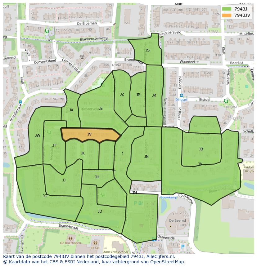 Afbeelding van het postcodegebied 7943 JV op de kaart.