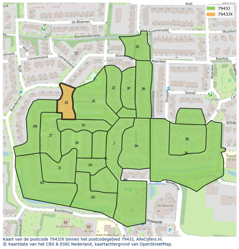 Afbeelding van het postcodegebied 7943 JX op de kaart.
