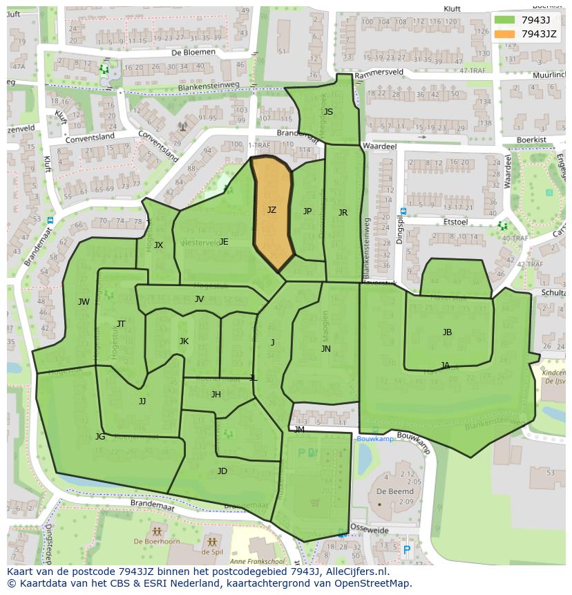 Afbeelding van het postcodegebied 7943 JZ op de kaart.