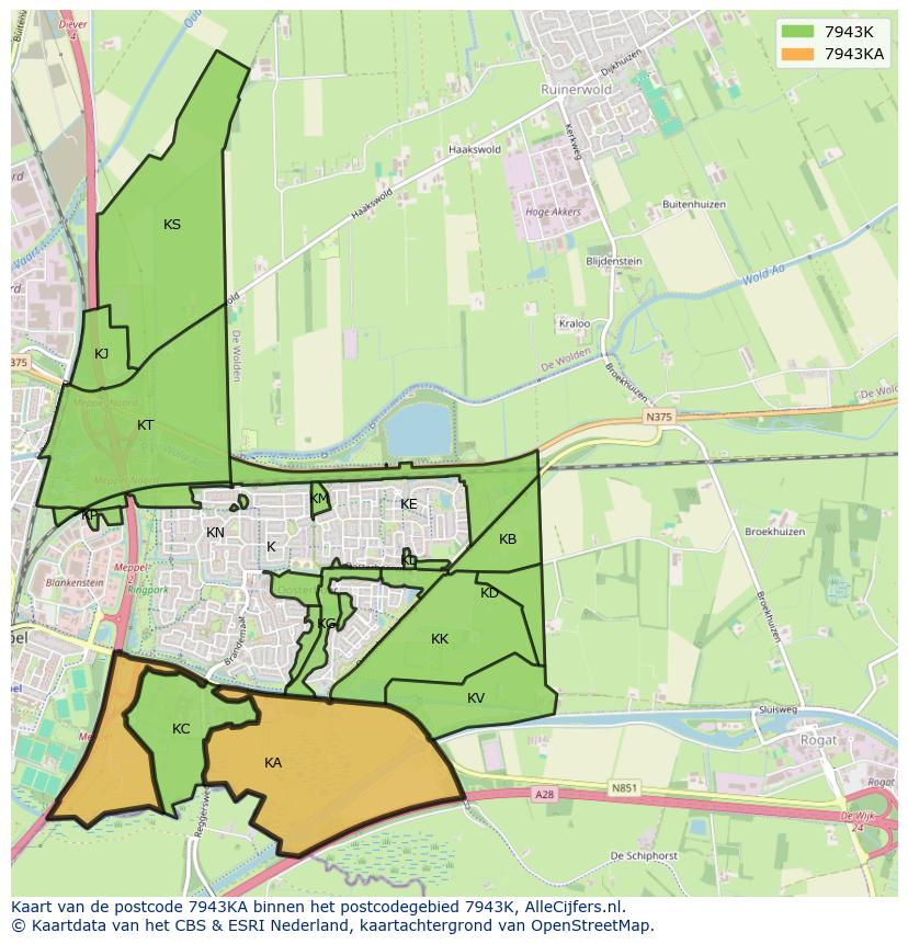 Afbeelding van het postcodegebied 7943 KA op de kaart.