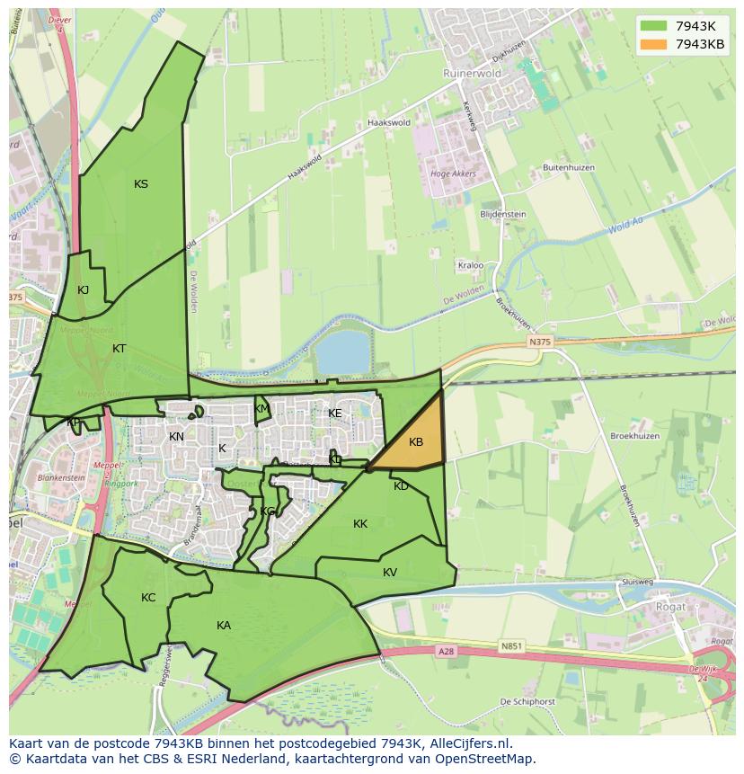 Afbeelding van het postcodegebied 7943 KB op de kaart.