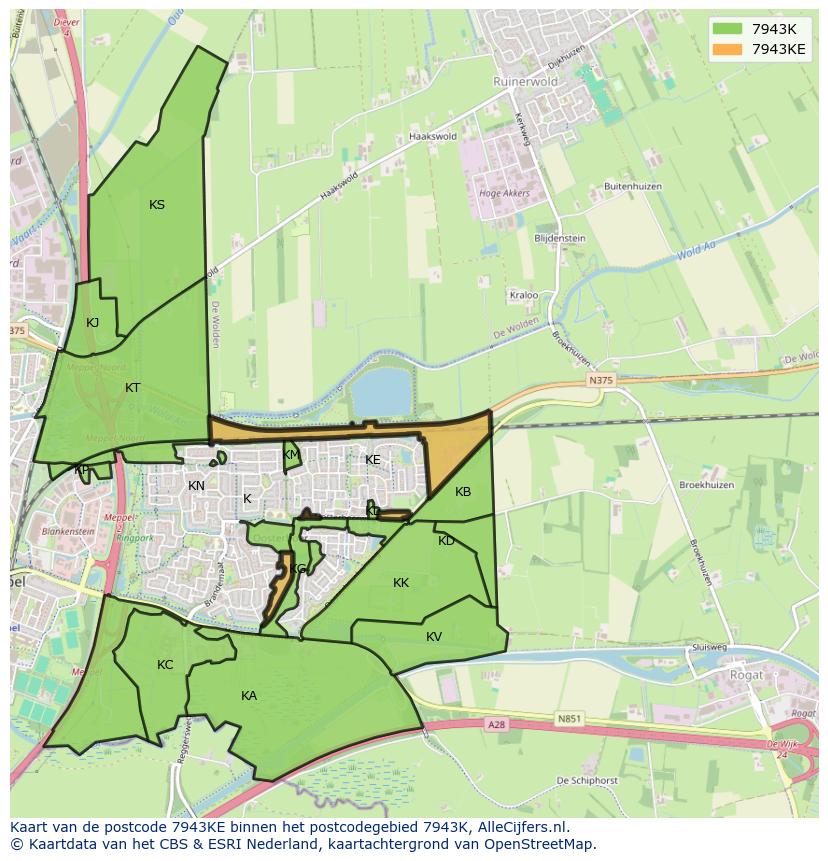 Afbeelding van het postcodegebied 7943 KE op de kaart.
