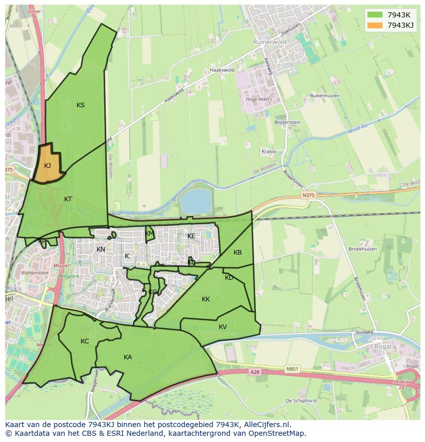 Afbeelding van het postcodegebied 7943 KJ op de kaart.
