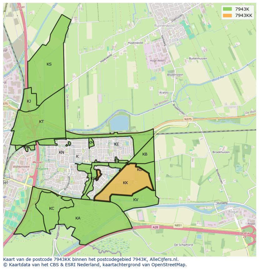 Afbeelding van het postcodegebied 7943 KK op de kaart.