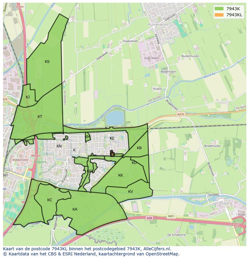 Afbeelding van het postcodegebied 7943 KL op de kaart.