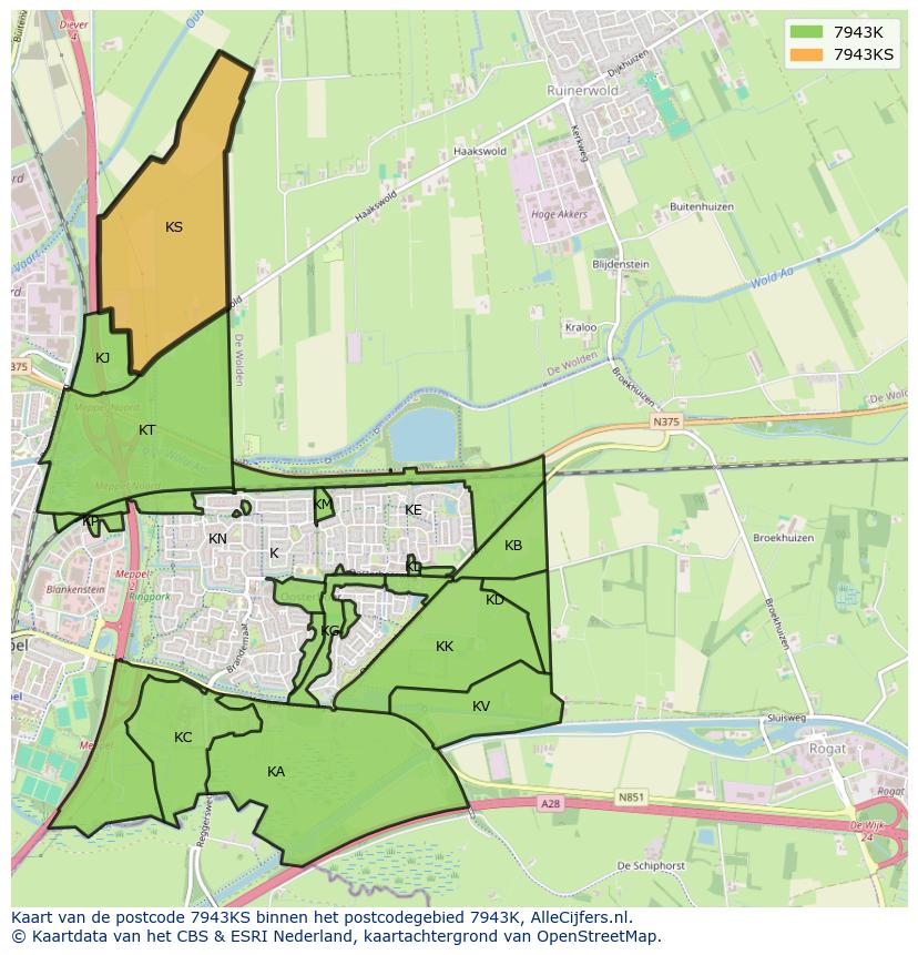 Afbeelding van het postcodegebied 7943 KS op de kaart.