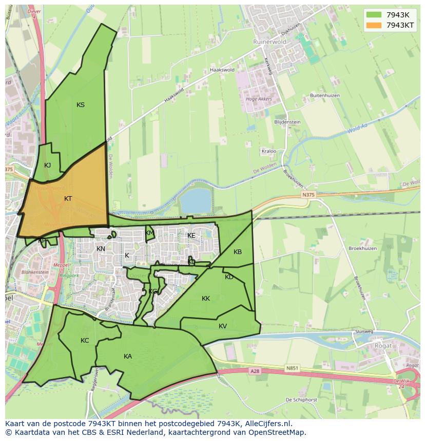Afbeelding van het postcodegebied 7943 KT op de kaart.