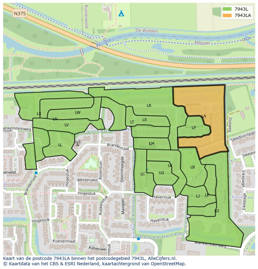 Afbeelding van het postcodegebied 7943 LA op de kaart.