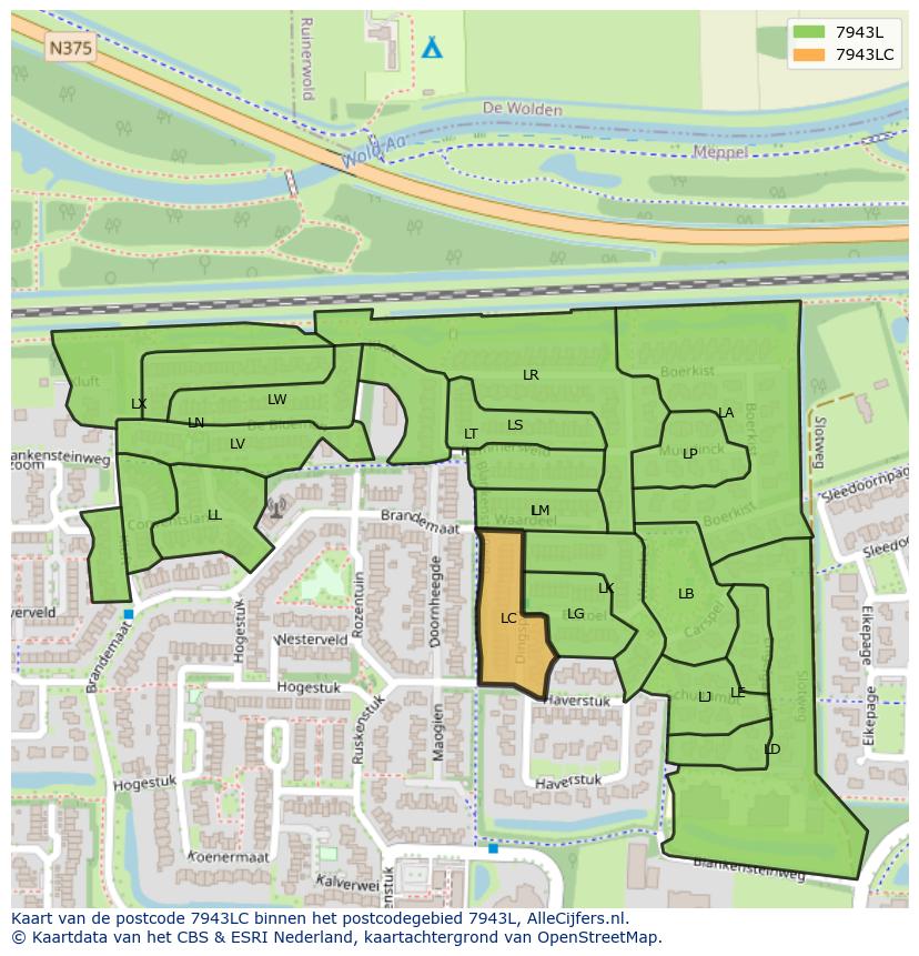 Afbeelding van het postcodegebied 7943 LC op de kaart.
