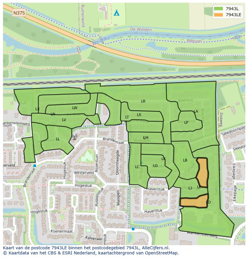 Afbeelding van het postcodegebied 7943 LE op de kaart.
