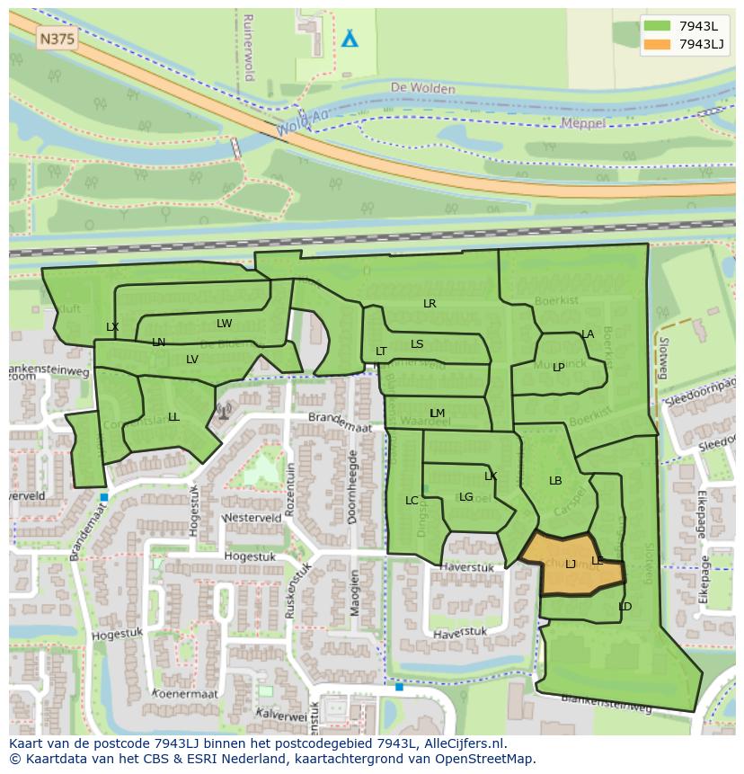 Afbeelding van het postcodegebied 7943 LJ op de kaart.
