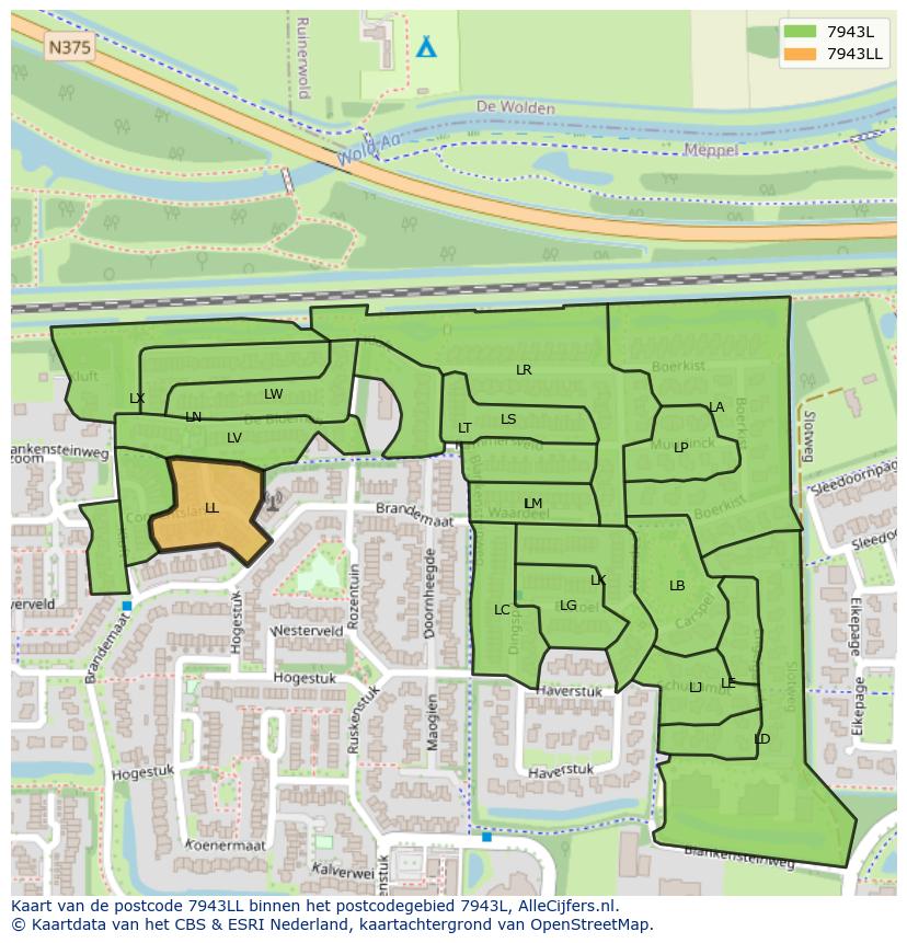 Afbeelding van het postcodegebied 7943 LL op de kaart.