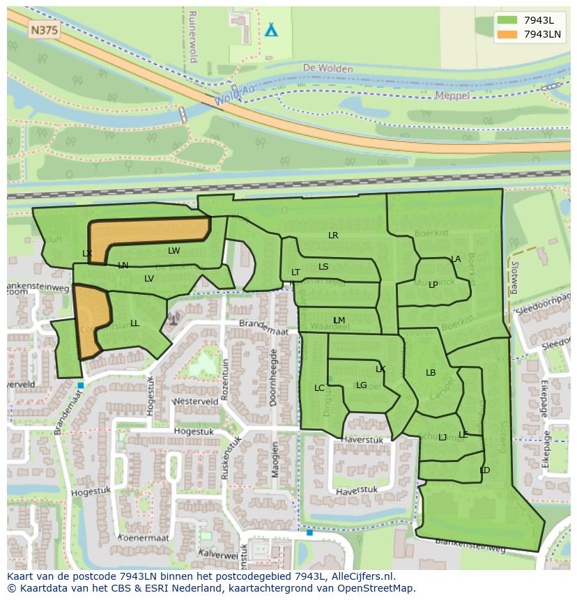 Afbeelding van het postcodegebied 7943 LN op de kaart.