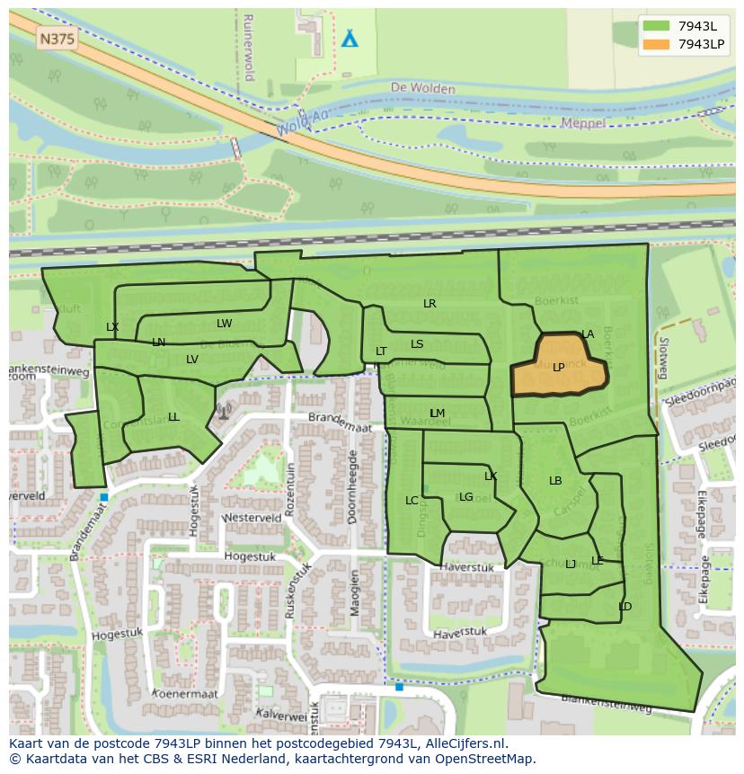 Afbeelding van het postcodegebied 7943 LP op de kaart.