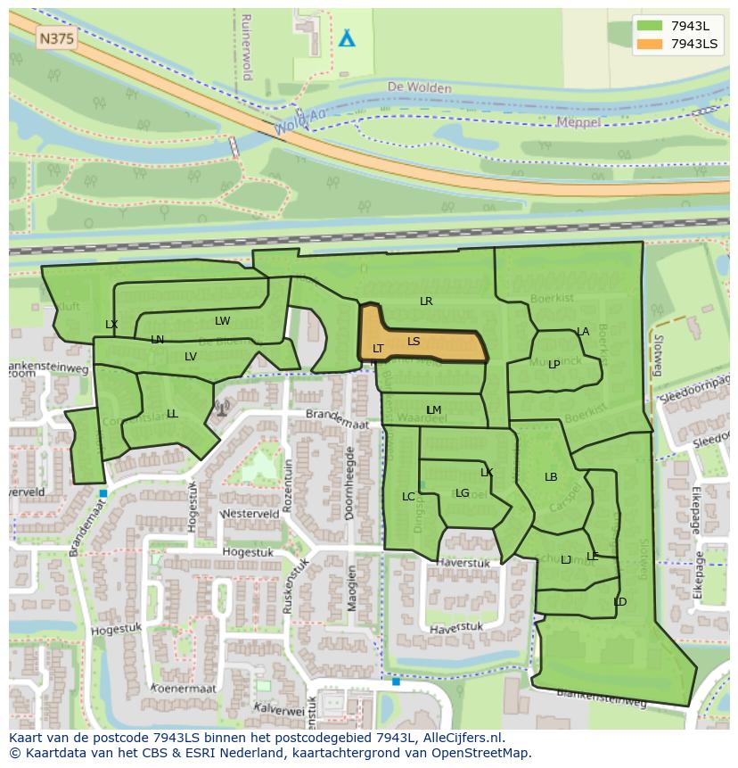 Afbeelding van het postcodegebied 7943 LS op de kaart.