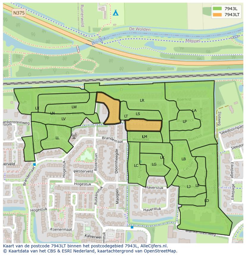 Afbeelding van het postcodegebied 7943 LT op de kaart.