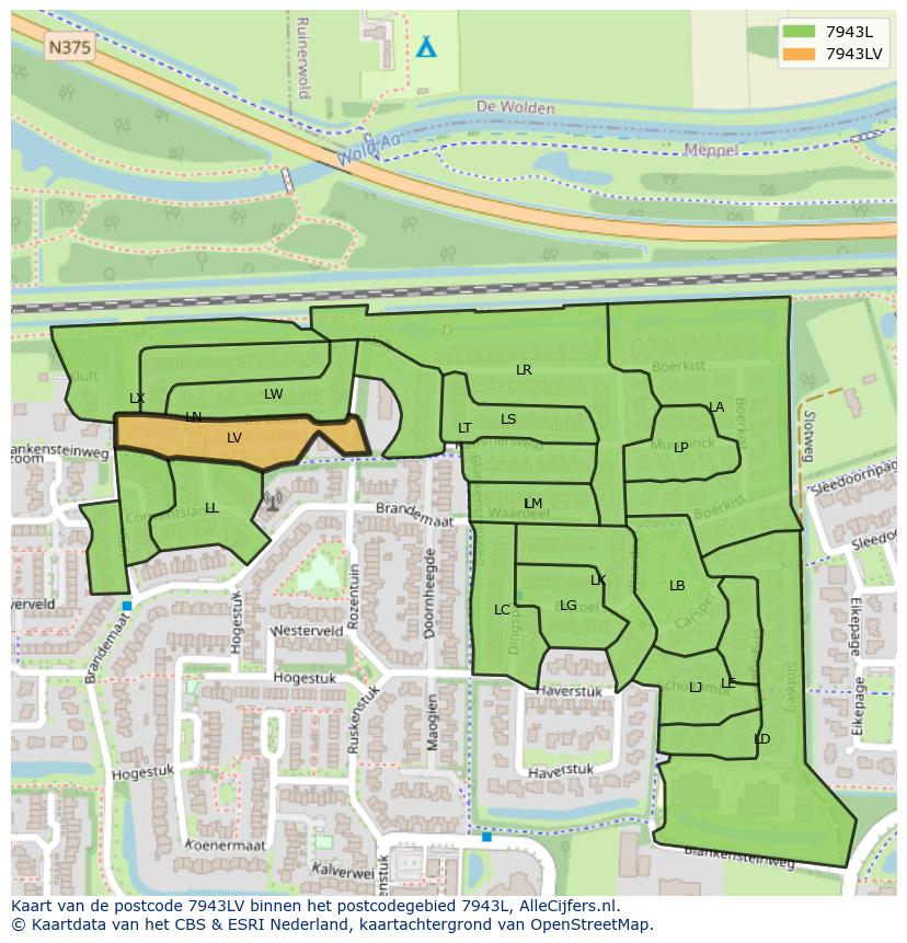 Afbeelding van het postcodegebied 7943 LV op de kaart.