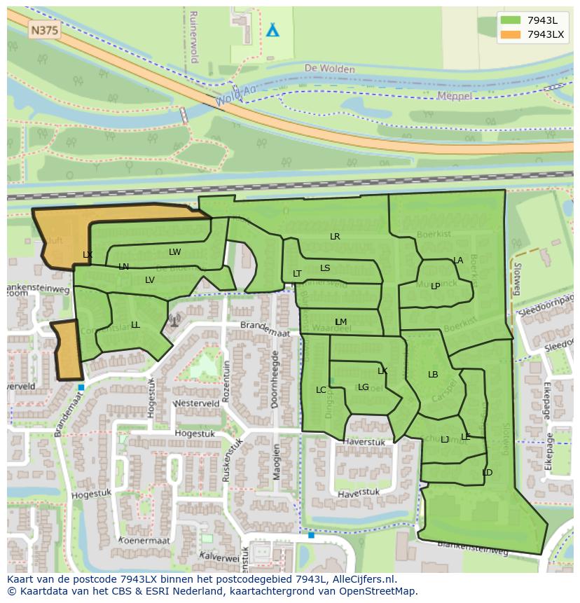 Afbeelding van het postcodegebied 7943 LX op de kaart.
