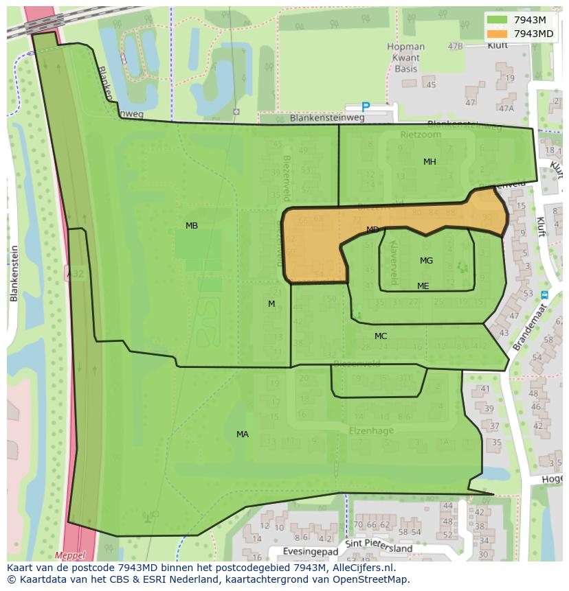 Afbeelding van het postcodegebied 7943 MD op de kaart.