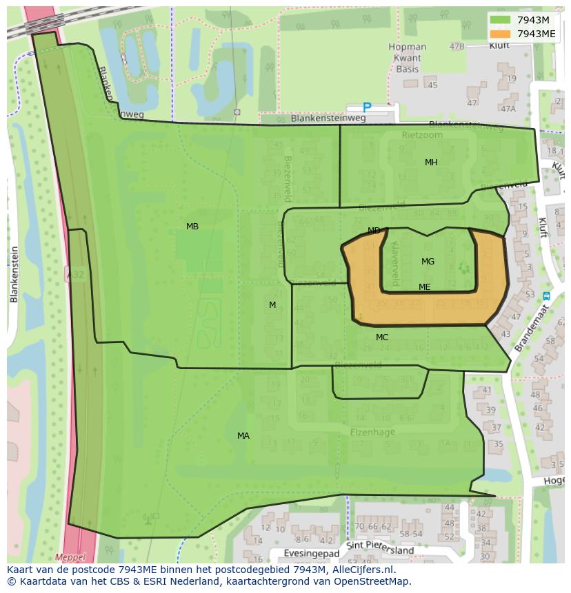 Afbeelding van het postcodegebied 7943 ME op de kaart.