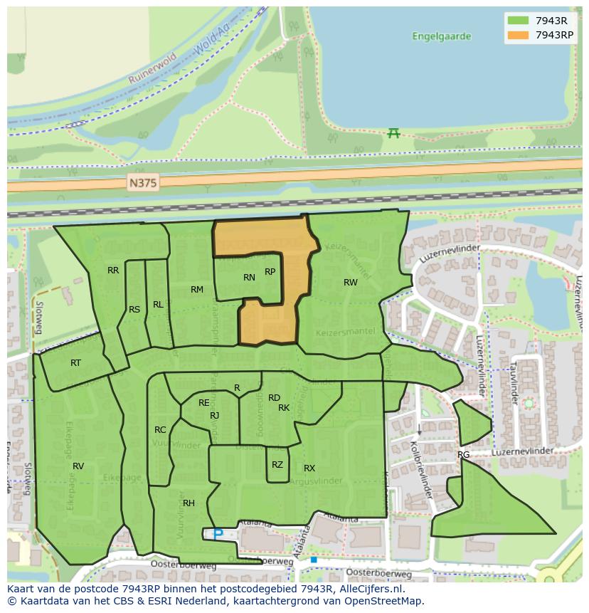 Afbeelding van het postcodegebied 7943 RP op de kaart.