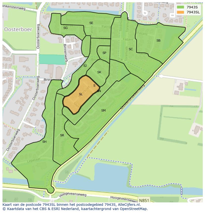 Afbeelding van het postcodegebied 7943 SL op de kaart.