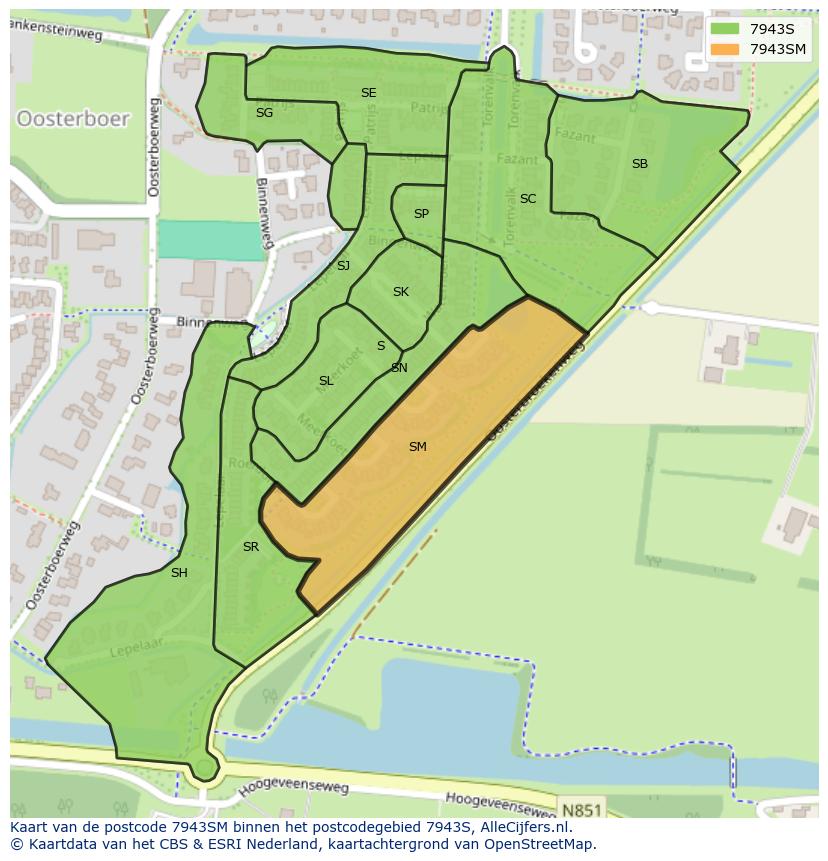 Afbeelding van het postcodegebied 7943 SM op de kaart.
