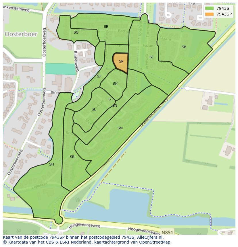 Afbeelding van het postcodegebied 7943 SP op de kaart.