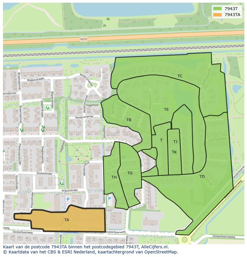 Afbeelding van het postcodegebied 7943 TA op de kaart.