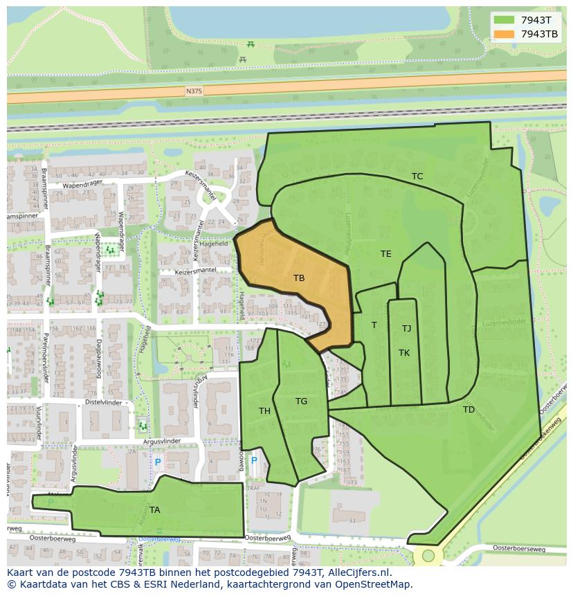 Afbeelding van het postcodegebied 7943 TB op de kaart.