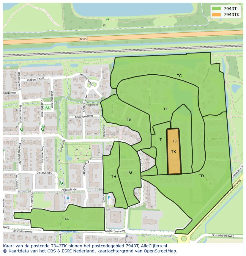 Afbeelding van het postcodegebied 7943 TK op de kaart.