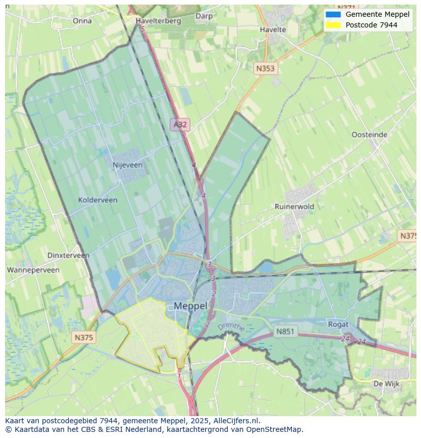 Afbeelding van het postcodegebied 7944 op de kaart.