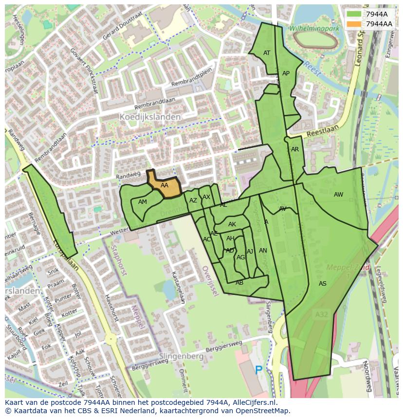 Afbeelding van het postcodegebied 7944 AA op de kaart.