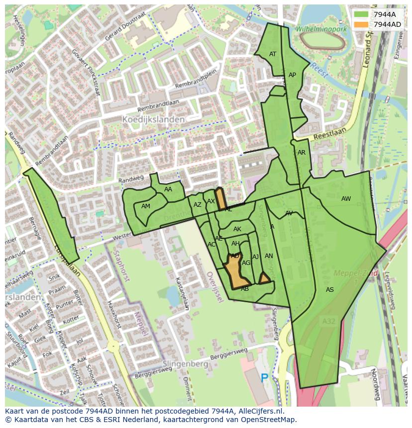 Afbeelding van het postcodegebied 7944 AD op de kaart.