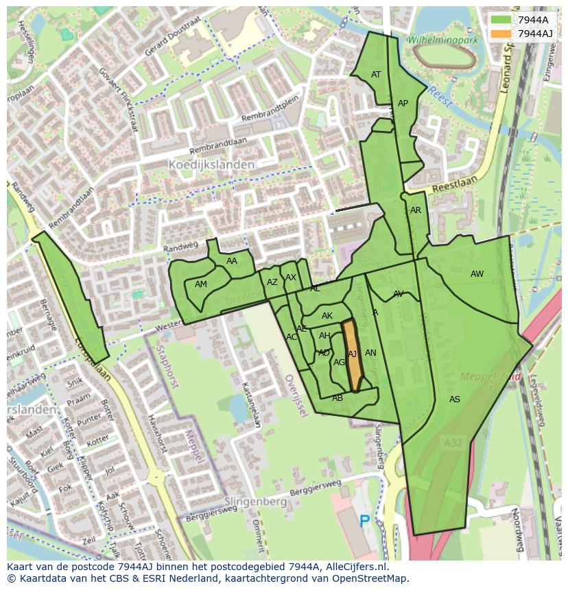 Afbeelding van het postcodegebied 7944 AJ op de kaart.