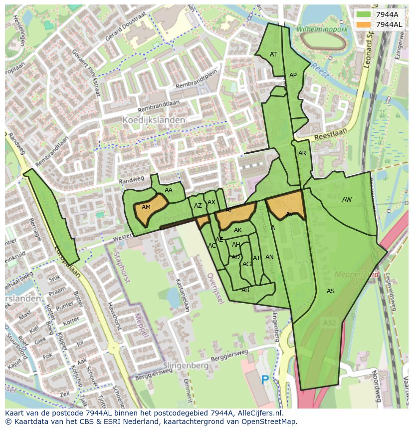 Afbeelding van het postcodegebied 7944 AL op de kaart.