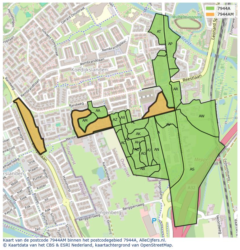Afbeelding van het postcodegebied 7944 AM op de kaart.