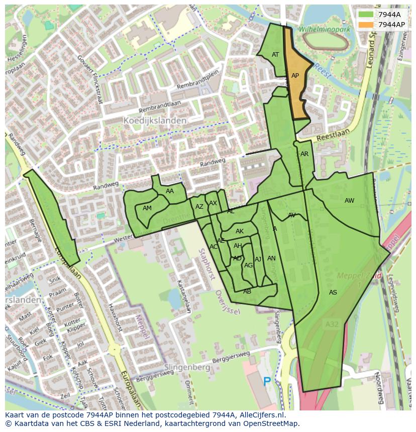 Afbeelding van het postcodegebied 7944 AP op de kaart.
