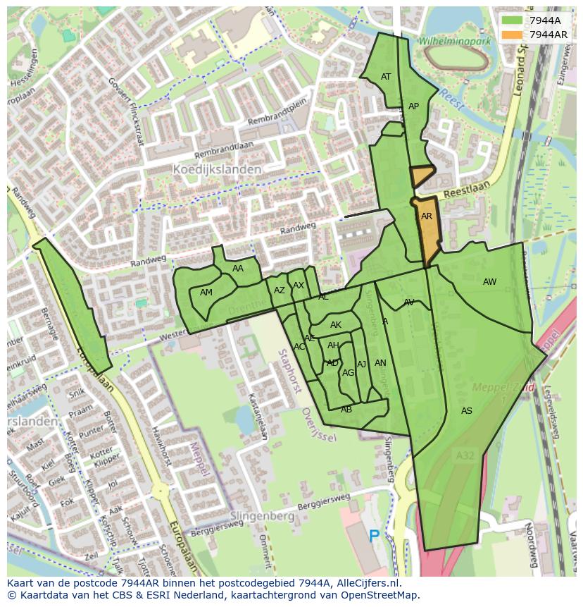Afbeelding van het postcodegebied 7944 AR op de kaart.