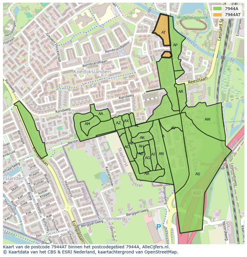 Afbeelding van het postcodegebied 7944 AT op de kaart.