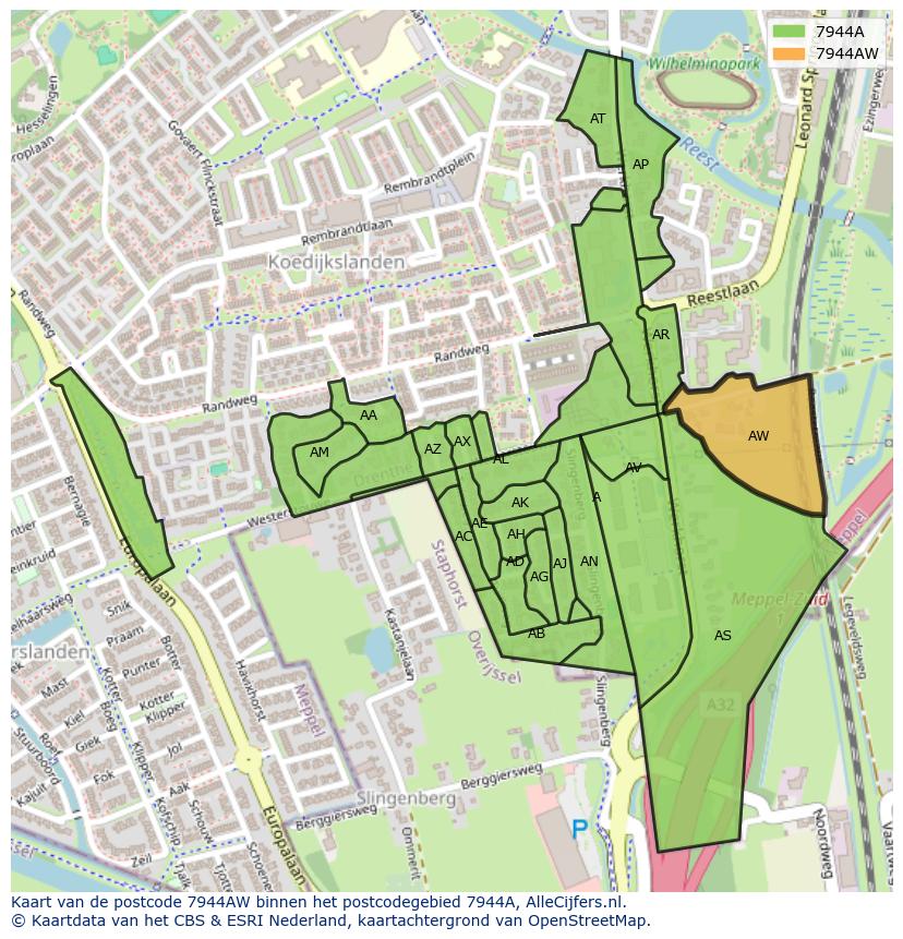 Afbeelding van het postcodegebied 7944 AW op de kaart.