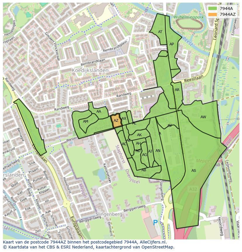 Afbeelding van het postcodegebied 7944 AZ op de kaart.
