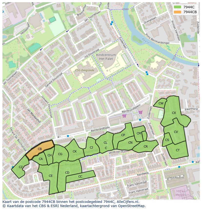 Afbeelding van het postcodegebied 7944 CB op de kaart.