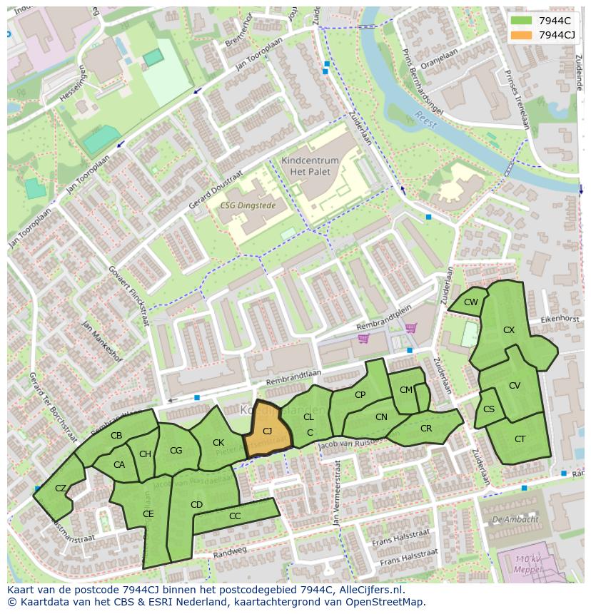 Afbeelding van het postcodegebied 7944 CJ op de kaart.