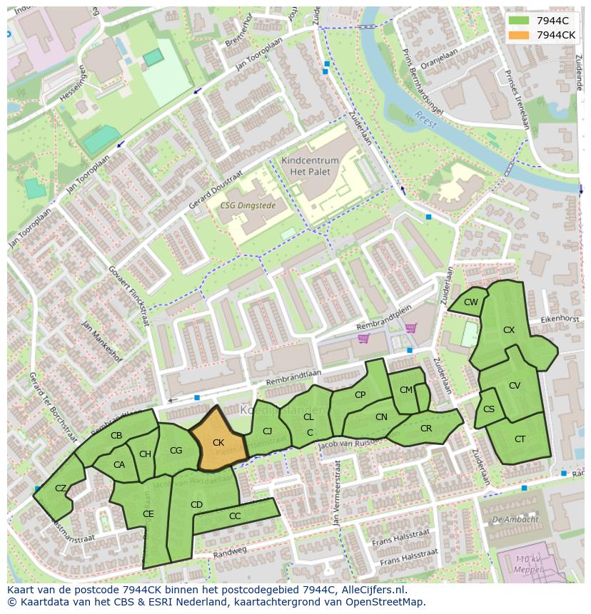 Afbeelding van het postcodegebied 7944 CK op de kaart.