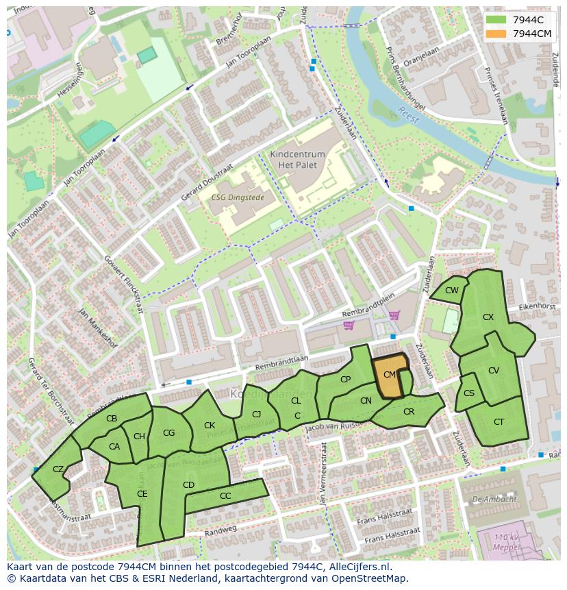 Afbeelding van het postcodegebied 7944 CM op de kaart.
