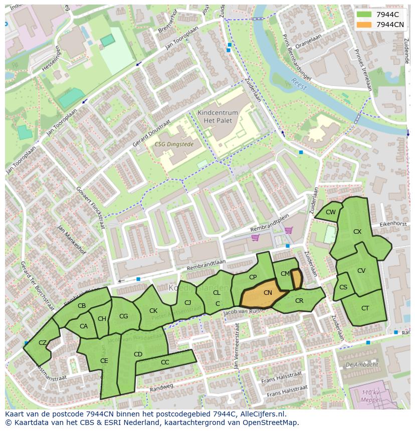 Afbeelding van het postcodegebied 7944 CN op de kaart.